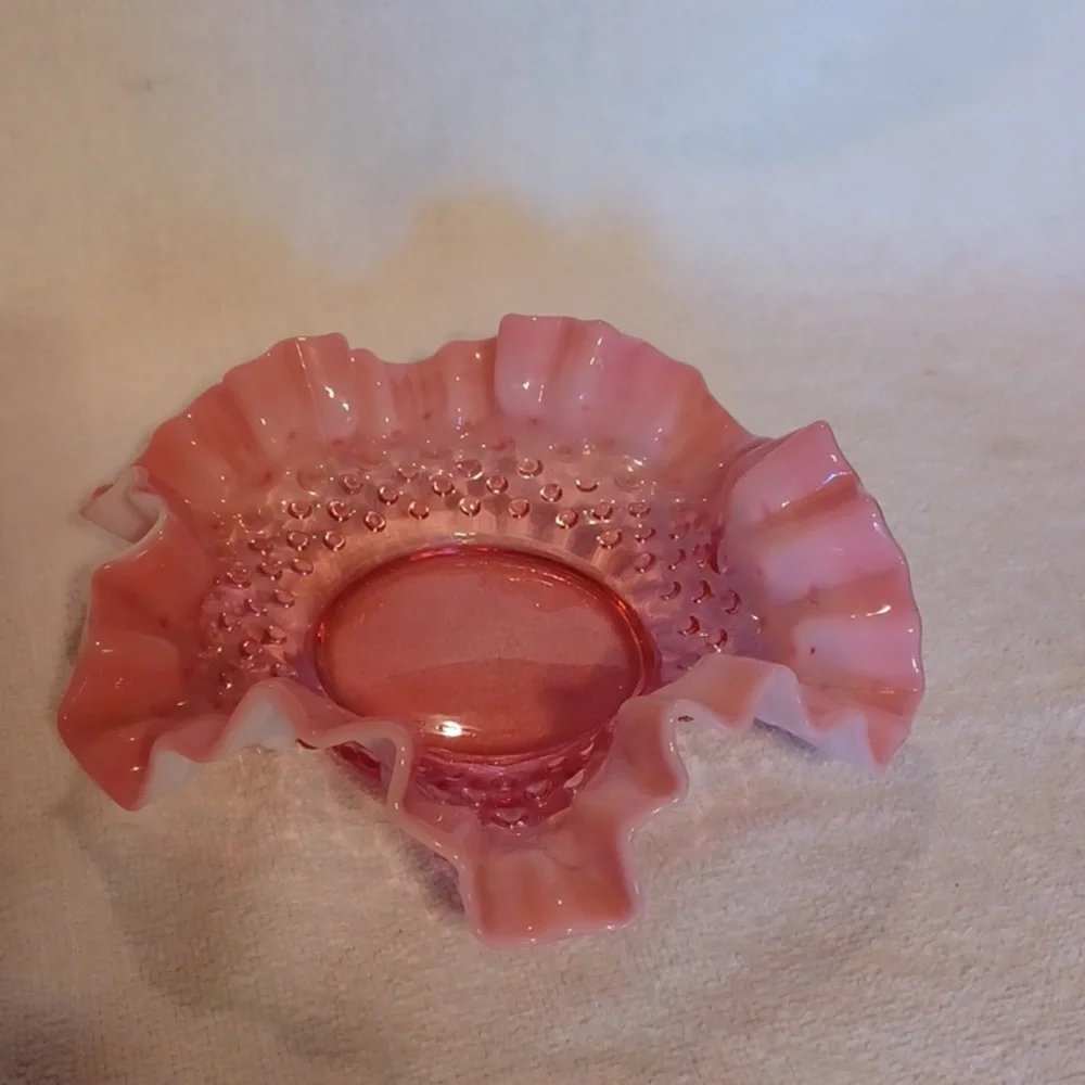 Vintage Cranberry Fenton Ruffled Dish Opalecent Hobnail
